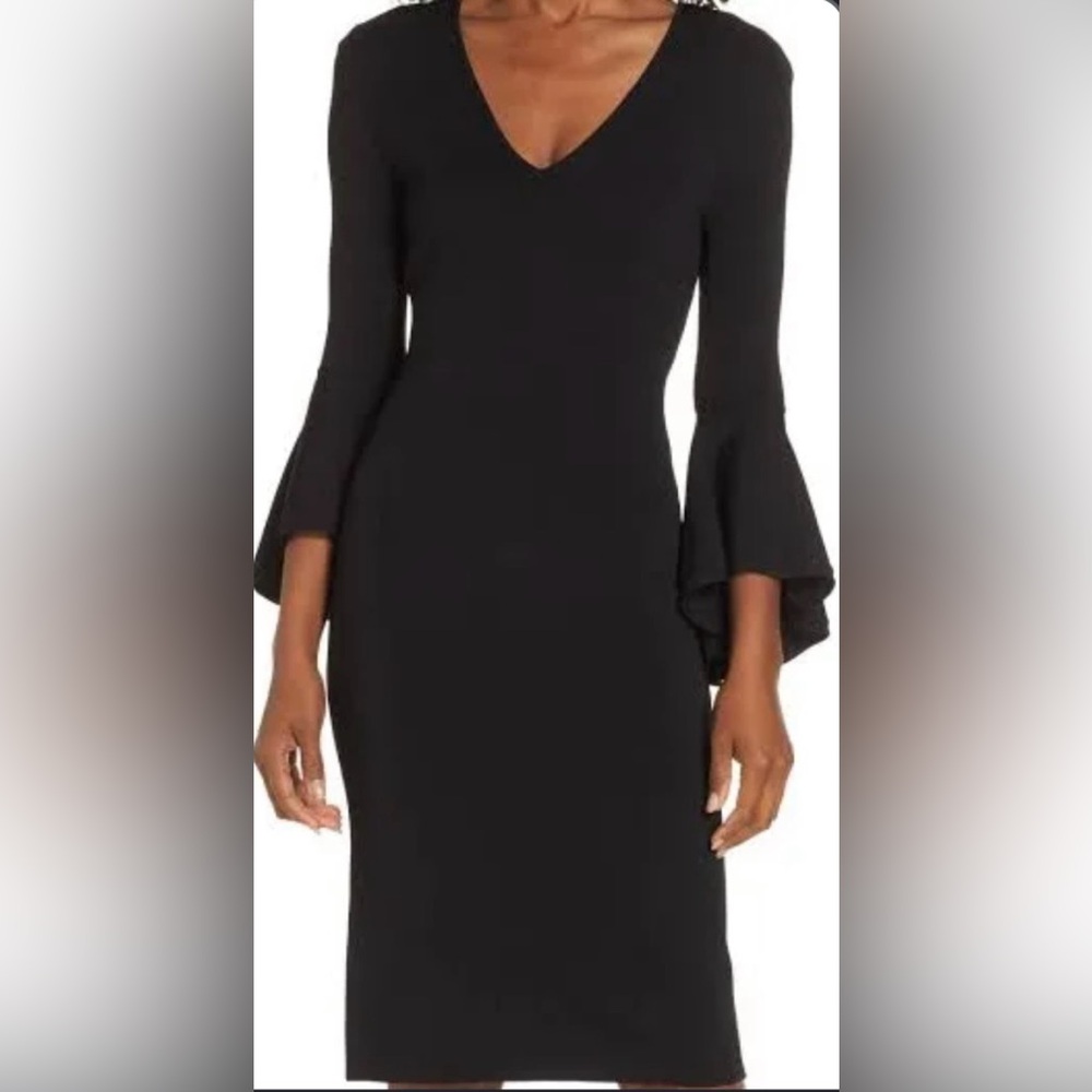 Eliza J Black Crepe Sheath Dress w exaggerated Bell Sleeves, Midi Length
